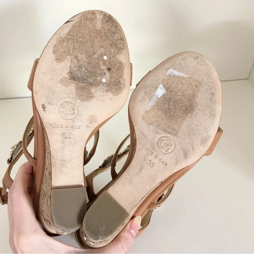 Chanel cc logo camellia charm sandal wedges
